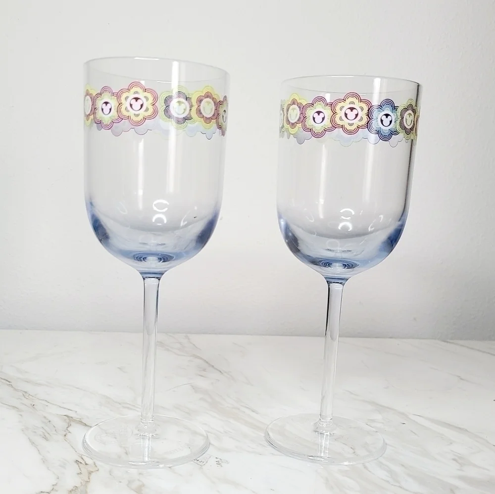 2 Disney Parks Multicolor Mickey Border Shatter Proof Stem Wine Glasses